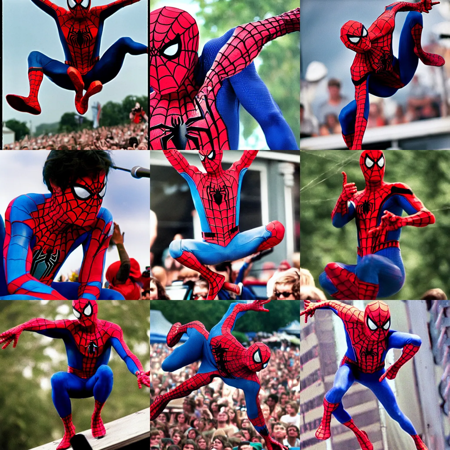 Image similar to spiderman perfoming at woodstock