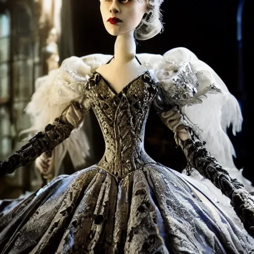 Prompt: photo taken of an epic intricate, ultra detailed, super realistic stop motion puppet of a majestic gracious regal aristocratic vampire in a gothic victorian filmset studio created by weta workshop and directed by tim burton, menacing, close up shots, photorealistic, sharp focus, gloomy, extremely cold blueish colour temperature, 3 5 mm, f 1. 4