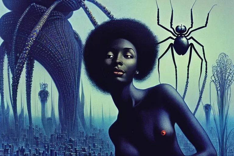 Image similar to realistic detailed photorealistic film portrait shot of a beautiful black woman with a giant spider, sci-fi city landscape background by Denis Villeneuve, Amano, Yves Tanguy, Alphonse Mucha, Ernst Haeckel, Max Ernst, Andrei Tarkovsky, Edward Robert Hughes, Roger Dean, necklace, dynamic pose, rich moody colours, wide angle, blue eyes