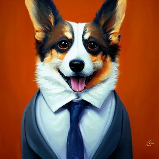 Prompt: oil painting, a developer corgi in a suit, intricate, masterpiece, artstation, stunning