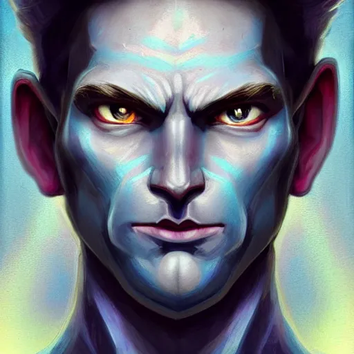 Prompt: head-on symmetrical centered painted portrait, a blue-skinned!!! man in his twenties as a D&D wizard, fantasy, intricate, elegant, highly detailed, digital painting, smooth, sharp focus, illustration, artstation, in the style of Artgerm and Anna Podedworna and Charlie Bowater