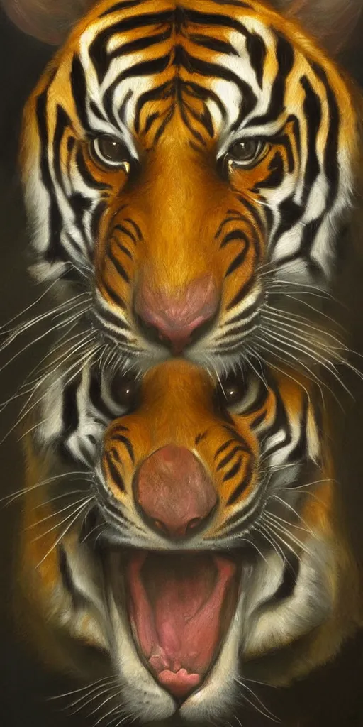 Image similar to cinematic and highly detailed oil painting of a tiger by josep tapiro baro and edward hopper, trending on artstation, vivid oil painting masterpiece, symmetry, mysterious, very very very aesthetic