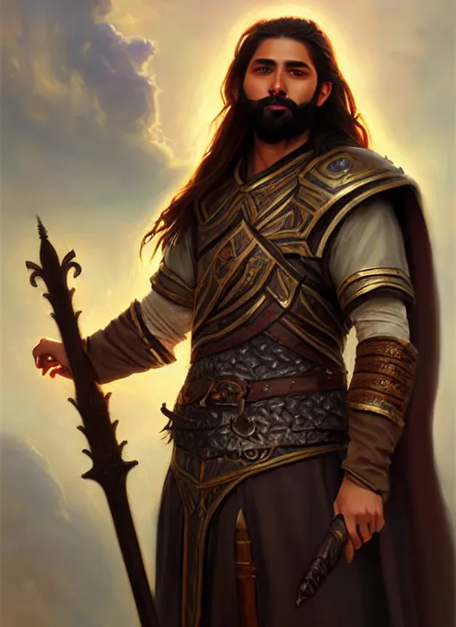 Prompt: a _ fantasy _ style _ portrait _ painting _ of esfandtv big light brown male holy paladin with long wavy brown hair and beard, hammer weapon, rpg dnd oil _ painting _ unreal _ 5 _ daz. _ rpg _ portrait _ extremely _ detailed _ artgerm _ greg _ rutkowski _ greg