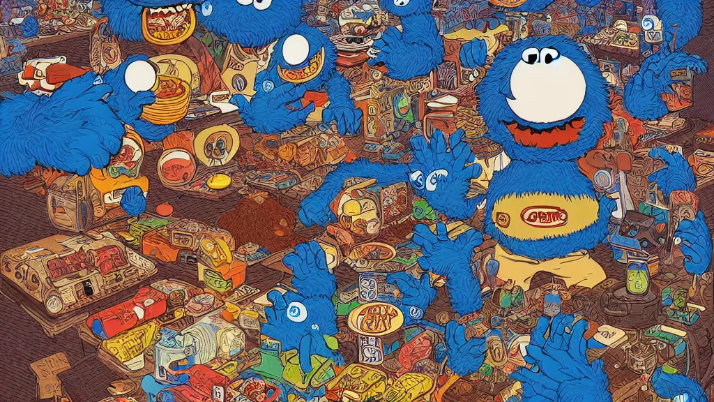 Prompt: highly detailed illustration of cookie monster in the 1 9 7 0 s, by moebius, by oliver vernon, by joseph moncada, by damon soule, by manabu ikeda, by kyle hotz, by dan mumford, by otomo, 4 k resolution