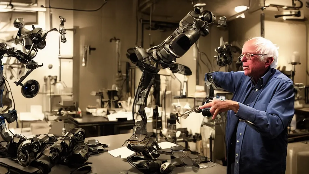 Prompt: bernie sanders putting the finishing touches on a small weaponized robot, cinematic moody lighting, smoky laboratory, sharp focus, imax