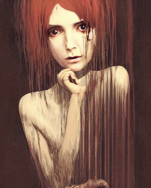 Image similar to a beautiful but creepy girl in layers of fear, with haunted eyes and dark hair piled on her head, 1 9 7 0 s, seventies, wallpaper, a little blood, morning light showing injuries, delicate embellishments, painterly, offset printing technique, by brom, moebius, robert henri, walter popp