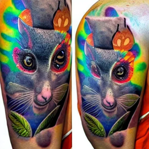 Image similar to shoulder tattoo of a multicolored trippy furry cute bushbaby with rainbow colored spiral eyes, surrounded with colorful shrooms and flowers, marihuana leaves, insanely integrate