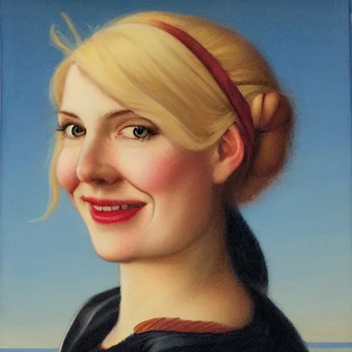 Image similar to a happy smiling loving blond beautiful pirate captain gazing into the horizon in the style of mary jane ansell.