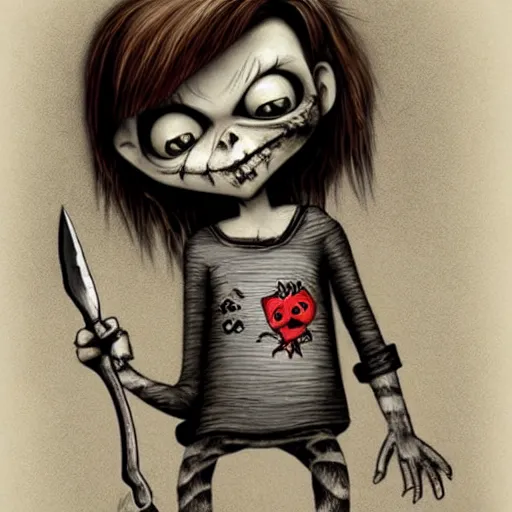 Image similar to grunge cartoon drawing of a cute chucky holding a knife by - michael karcz , in the style of corpse bride, loony toons style, horror themed, detailed, elegant, intricate