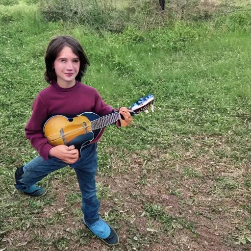 Prompt: a photo of a boy with long hair playing mandolin in the wilderness