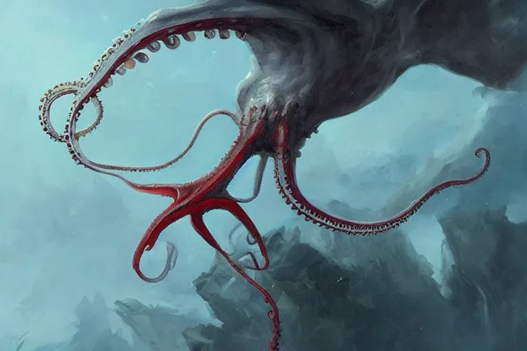 Image similar to painting by greg rutkowski of a flying chalk white head, with tentacles coming of the neck, red eyes, flying in a terrying hell like cavernous place