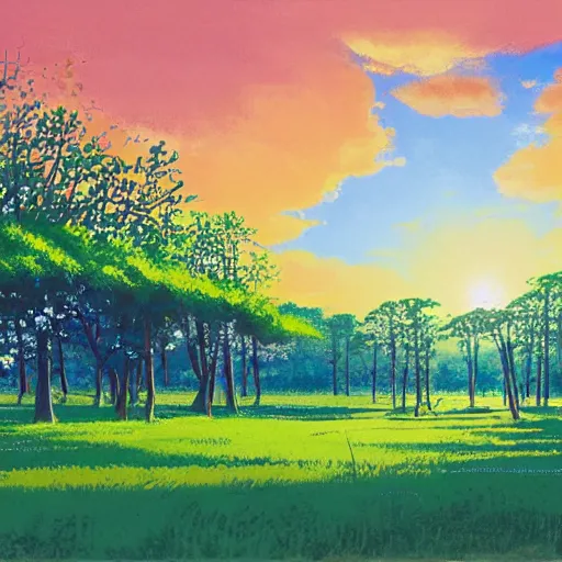 Prompt: empty village runway panorama in the woods with beautiful sky and giant sun, bloom, on, painting by kazuo oga ghibli pixar disney ghibli gouache painting