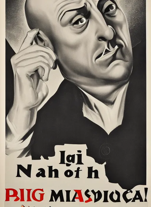 Image similar to portrait of glamorous bald medieval man with big nose and annoyed gesture, 1940s propaganda poster, full hd,highly detailed
