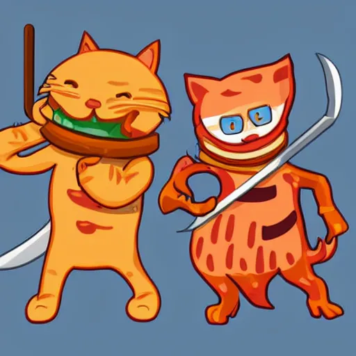 Image similar to anthropomorphic bacon, sword fighting an orange tabby cat, orange tabby sword fighting anthropomorphic bacon, award - winning photograph