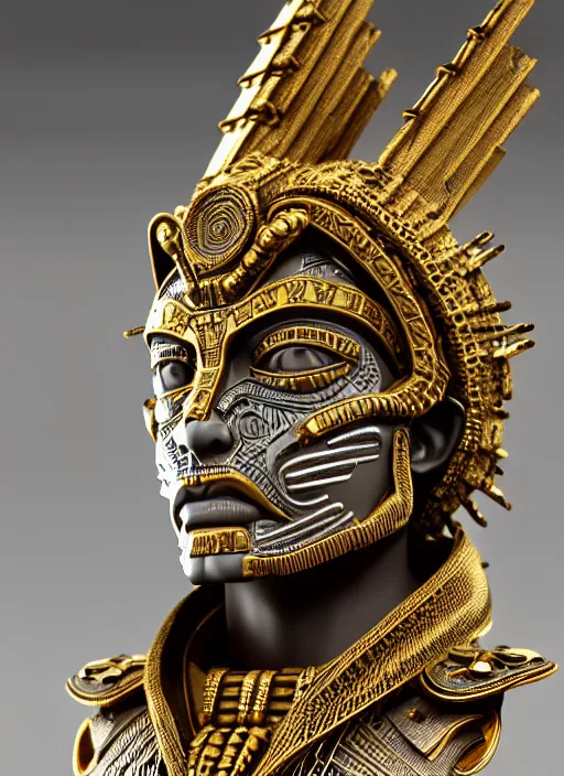 Image similar to intricate sculpture of an aztec warrior, ulta high detail, subtle gold accents, sculpted by craig mullins, yoji shinkawa, trending on artstation, hyper detailed, insane details, intricate, ornate, elegant, luxury, dramatic lighting, cgsociety, art, octane render, weta digital, micro details, 3 d sculpture, structure, ray trace 4 k