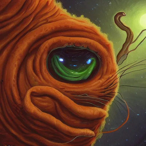 Image similar to painting of an eldritch alien cat creature that looks like garfield, eating lasagna, in the style of wayne barlowe