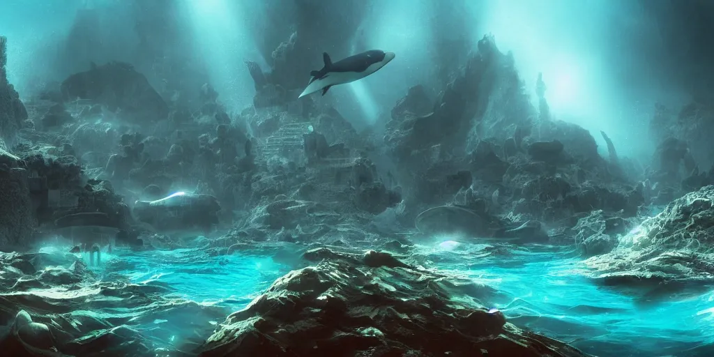 Prompt: civilization underwater created by orcas, submerged city made with coral and rock by killer whales, epic fantasy sci fi illustration concept art bloom post process lens flare chromatic aberration vignette volumetric fog screen space ambient occlusion screen space reflections subsurface scattering film grain particles filmic tonemapping