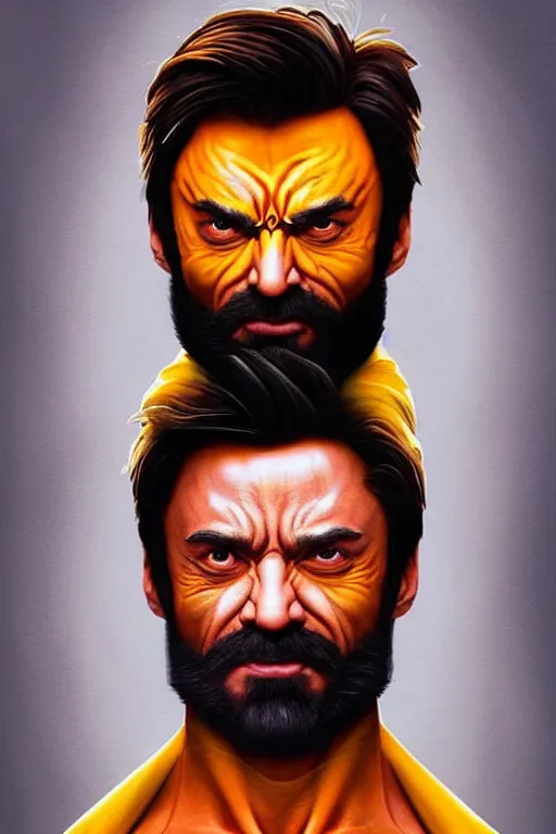 Prompt: Narendra Modi as Hugh Jackman Wolverine, claws are up, yellow X-man costume, Narendra Modi hairstyle and beardstyle, calm, grumpy, portrait, masculine figure, highly detailed, digital painting, artstation, concept art, smooth, sharp focus, illustration, cinematic lighting, art by artgerm and greg rutkowski and alphonse mucha