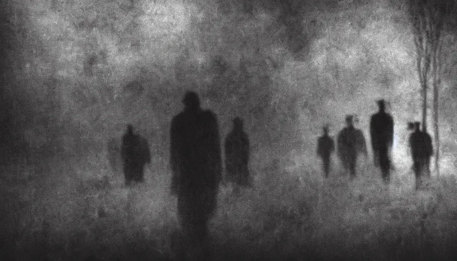 Image similar to dark abstract noisy blurry black and white disturbing old photograph full of mysterious black silhouettes, tim burton