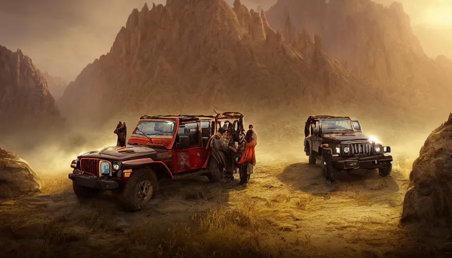 Image similar to mahindra thar, tribe members attacking, action scene, an epic fantasy, dramatic lighting, cinematic, establishing shot, extremely high detail, photorealistic, cinematic lighting, maxwell boas jessica rossier christian dimitrov anton fadeev, zaha hadid, trending on artstation, cgsociety, rendered in unreal engine 4 k hq