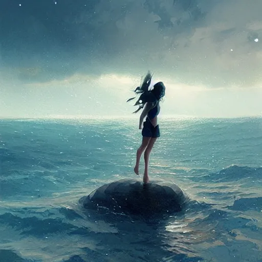 Image similar to a girl falling into ocean art shot, galaxy, artstation, by greg rutkowski,