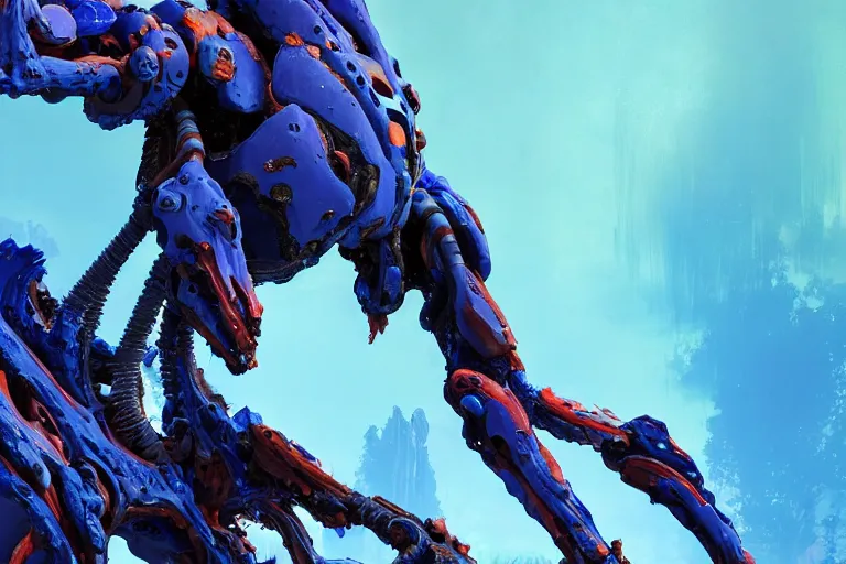 Image similar to portrait of a posed hyper detailed kaki and ultramarine leaplasher evangelion realistic mechanical and fleshy organic creature similar look as horizon forbidden west horizon zero dawn bioluminiscence in a dark deep forest at dawn in spring, with reflection and textures, by kilian eng, substance painter reaslitic mech surface metal painted scratches