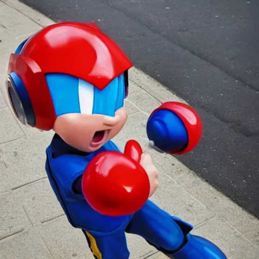 Image similar to megaman begging for food on the street, photorealistic