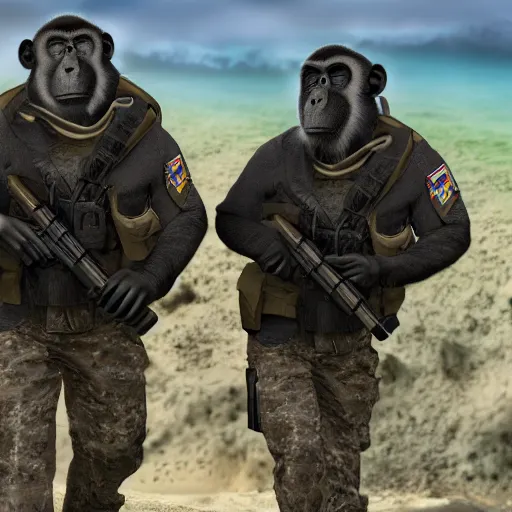 Prompt: monkey navy seals, fully armed, 4 k, photorealistic, detailed