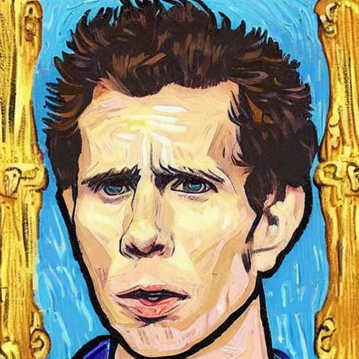 Image similar to a golden god, dennis reynolds, sitting in a throne in a kitchen in the style of van gogh