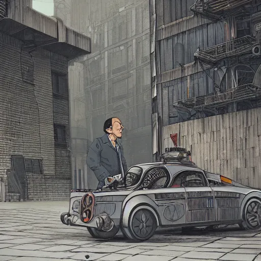 Image similar to a man standing next to a car in brutalist city, dieselpunk style, steampunk, jean giraud, moebius, francois schuiten, illustration, drawing, painting, clean lines, digital art, detailed, artstation, hd, 8 k, 4 k