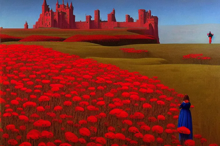 Image similar to only with red, a red expanse of flowers of different types, castle in background, goblin dance over the flowers, in the style of beksinski, parts by edward hopper, parts by rodcenko, parts by yue minjun, intricate and epic composition, red by caravaggio, insanely quality, highly detailed, masterpiece, red light, artstation, 4 k