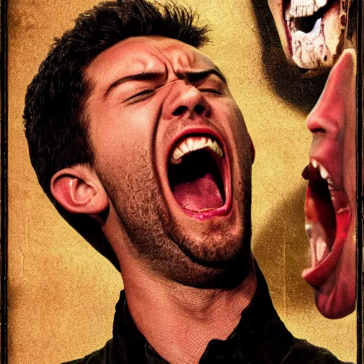 Prompt: broadway poster of an young angry man screaming, high definition, highly detailed, photo-realistic, 8k