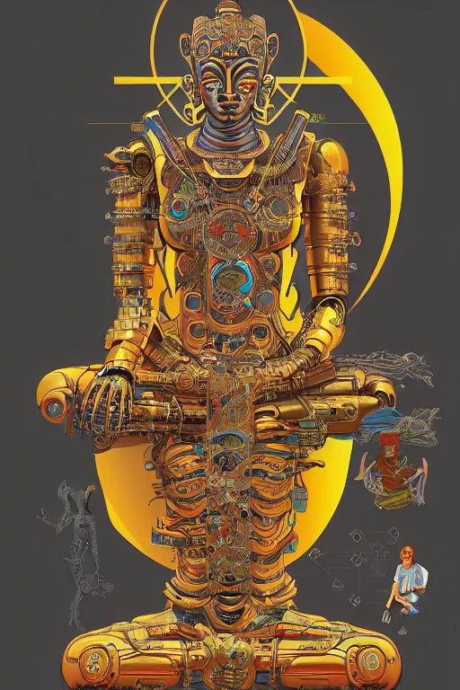 Prompt: cyberpunk cyborg tibetan multi armed bodhisattva, golden ratio, sharp linework, clean strokes, sharp edges, flat colors, cell shaded by moebius, Jean Giraud, trending on artstation