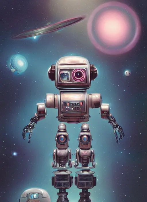 Prompt: highly detailed wide - angle, portrait of a retro robot deep space explorer, unreal engine, nicoletta ceccoli, mark ryden, earl norem, lostfish, global illumination, detailed and intricate environment