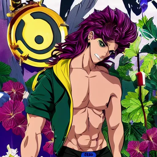 Prompt: handsome boxer, punching, wearing jacket, bodybuilder posing, portrait surrounded by hibiscus flowers, jojo cover art, jojo anime style, david production, style of vento aureo cover art, style of stone ocean cover art, style of steel ball run cover art, style of jojolion cover art, ilya kuvshinov style, illustrated by hirohiko araki