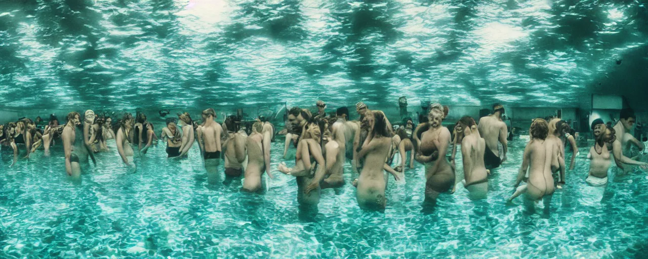 Image similar to an ultra wide in colour 3 5 mm film photo of gathering of half alien half human half mermaid hybrids, hunting underwater in a public swimming pool, liminal spaces, ritual occult gathering, film grain