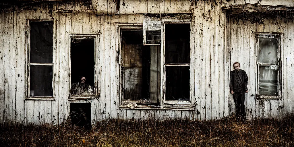 Prompt: detailed analog medium format photo by tarkovsky, polaroid photo of a man standing in abandoned house while creepy figure looks at him from outside through window, artwork by maxim verehin, high production value, intricate details, 8 k resolution, hyperrealistic, hdr, photorealistic, high definition, tehnicolor, award - winning photography, masterpiece, amazing colors, trending on artstation