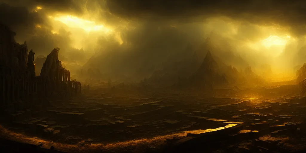 Prompt: epic cinematic background for a movie about ancient gold, dynamic light, cinematic, cinematic light ,detailed, dark, ancient, moody, dramatic atmosphere, artstation, beautiful, intricate details, interesting shot, digital painting,