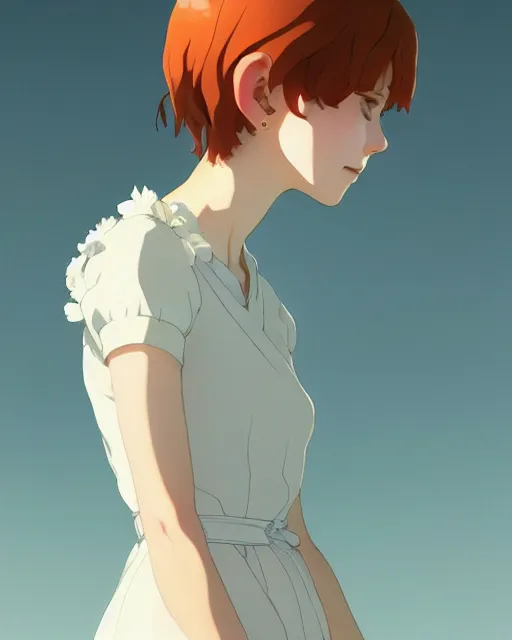 Prompt: young southern woman, freckle, ginger hair, sad cerulean eyes, simple cream dress, detailed perfect face, exquisite details, mid view, design on a white background, by studio muti, greg rutkowski makoto shinkai takashi takeuchi studio ghibli