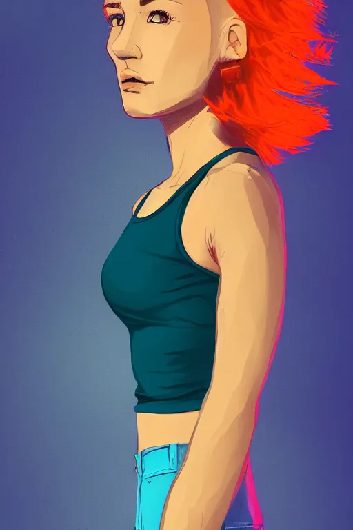 Image similar to a award winning half body portrait of a beautiful caucasian woman in a croptop and cargo pants with ombre orange blue teal hairstyle with head in motion and hair flying by will eisner, outrun, vaporware, digital art, trending on artstation, highly detailed, fine detail, intricate