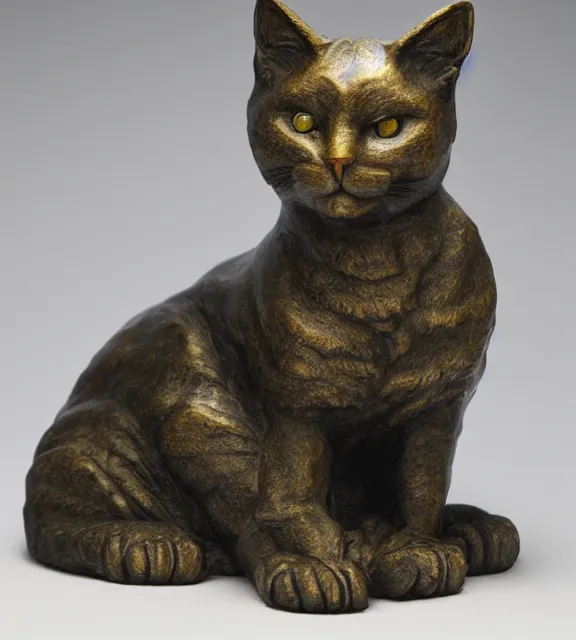 Prompt: a 4 k photorealistic photo medium shot of a bronze statue of a cat.