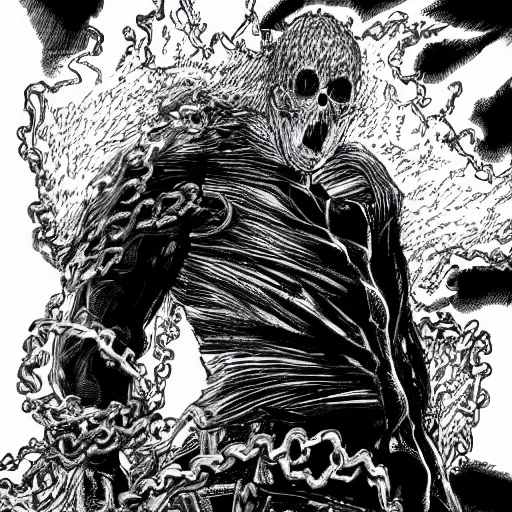 Prompt: Nikolas Cage as a Ghost Rider by Kentaro Miura, highly detailed, black and white