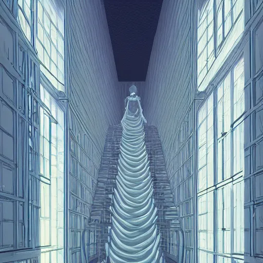 Image similar to a woman made of slime in a bright white hallway with many doors and many stairs, Mc Escher architecture, epic composition, by Makoto Shinkai