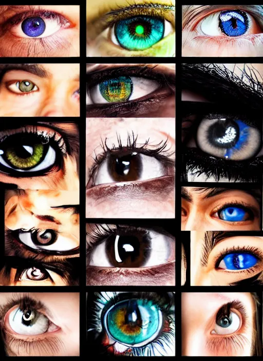 Image similar to grid montage of eyes, square dilated pupils, swuare irises, detailed colored textures, eyelashes, advanced art, art styles mix, from wikipedia, wet reflections in eyes, sunshine light, hd macro photograph, from side, various eyelid positions, square black pupil centered