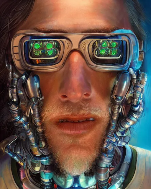 Image similar to a futuristic male hippie wearing tie - dye and cybernetic - implants | cyberpunk art | highly detailed | very intricate | symmetrical | cinematic lighting | award - winning | closeup portrait | painted by donato giancola and mandy jurgens and rossdraws and rhads | featured on artstation