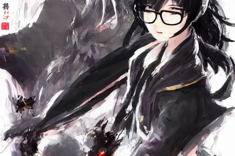 Prompt: 4k concept art of a cute japanese girl wearing round glasses and a long robe, with big eyes and demon wings and short black hair, drawn by akihiko yoshida and tsutomu nihei and wadim kashin and john berkey and makoto shinkai and yoji shinkawa