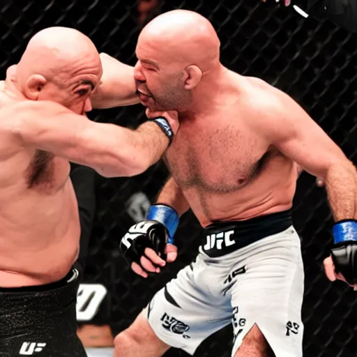 Prompt: joe rogan vs. dana white, fighting to the death, anime style fight scene, ufc