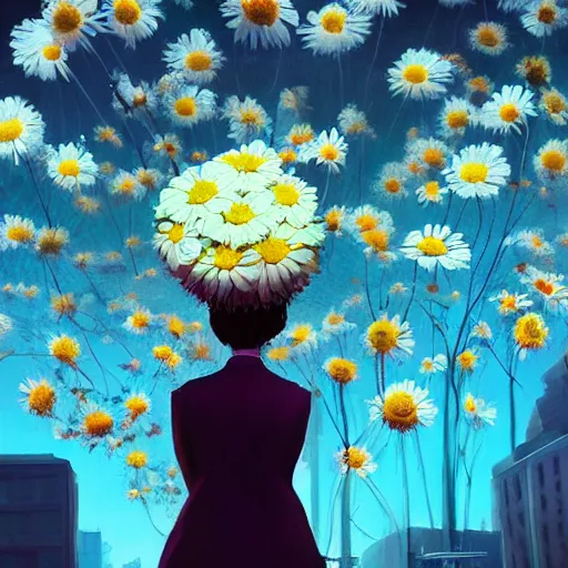 Prompt: closeup, enormous daisy flower head, woman in modern city, surreal photography, night light, dark, impressionist painting, digital painting, artstation, simon stalenhag