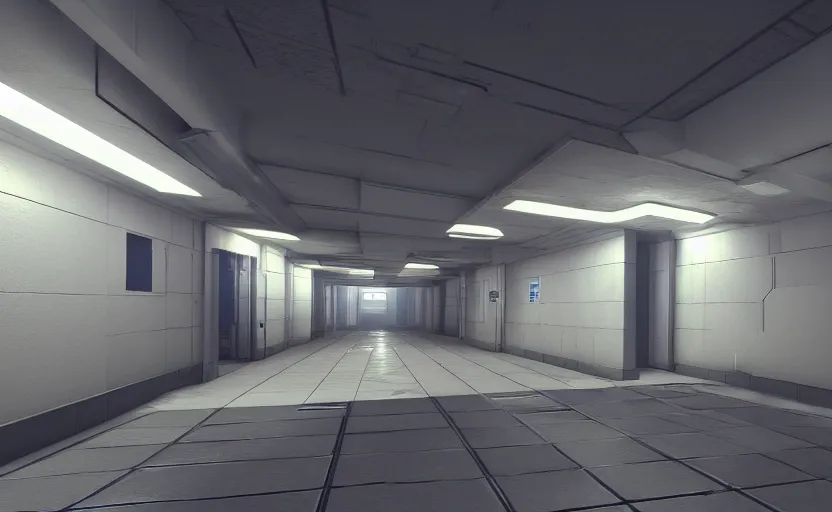 Image similar to screenshot of a first person shooter game on unreal engine 5, narrow modern hallways of a government office facility with white dry wall, photorealistic, colorful retrofuturism, concept art, trending on artstation