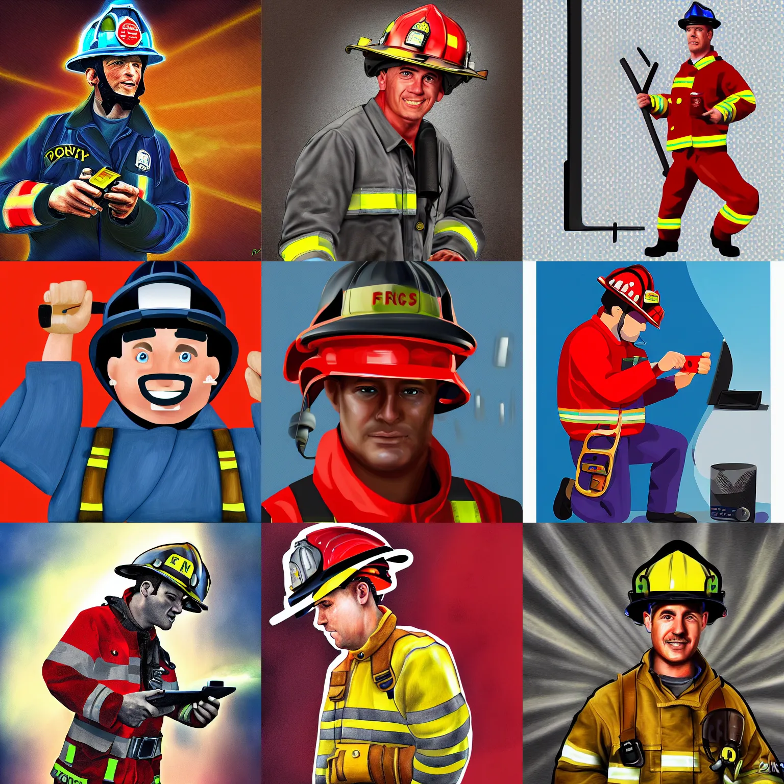 Prompt: Digital painting of a fireman playing sony playstation